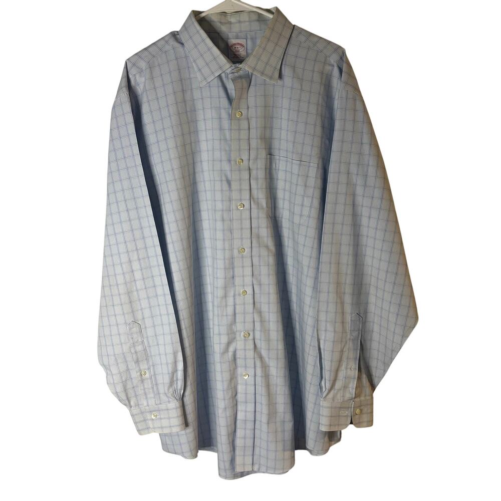Brooks Brothers 346 Dress Shirt Men's 18-6/7 Blue White Windowpane Regular Fit